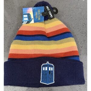 New Hot Topic Doctor Who Tardis Box BBC Knitted Pompom Beanie Hat NWT